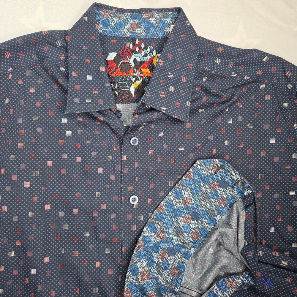 Robert Graham Mens M Classic Fit Navy Blue Geometric Polka Dot Button Down